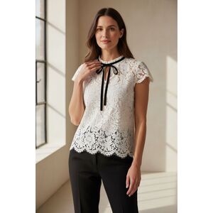 White House Black Market Lace Blouse Ivory Size S Cap Sleeve Ribbon Neck